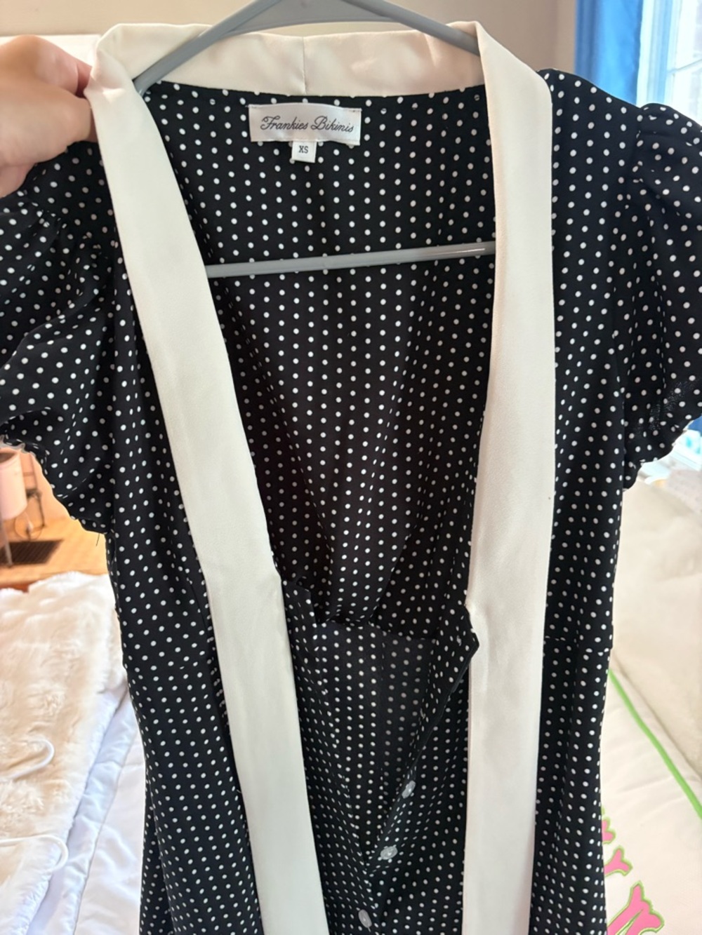 Frankie's Bikinis Navy Polka Dot Tie-Front Mini Dress with White Trim - Picture 4 of 4